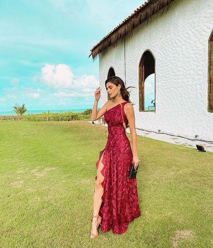 Josiane One Shoulder Lace Maxi Dress - Wine