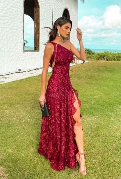 Josiane One Shoulder Lace Maxi Dress - Wine