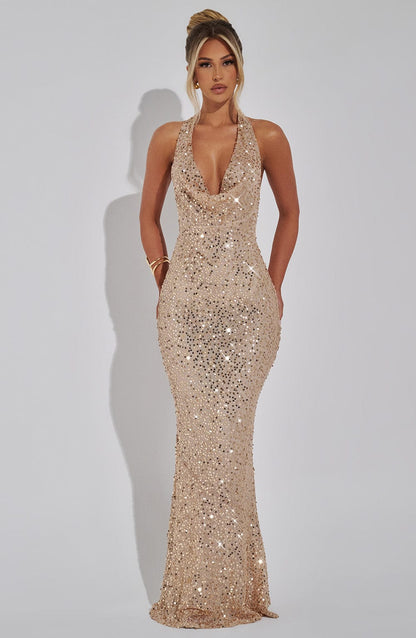 Kalina Glitter Maxi Dress - Champagne Gold
