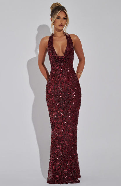 Kalina Glitter Maxi Dress - Wine Sparkle
