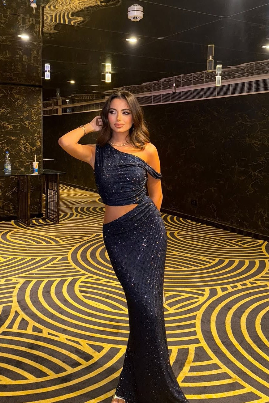 Kenny One Shoulder Maxi Dress - Navy Sparkle