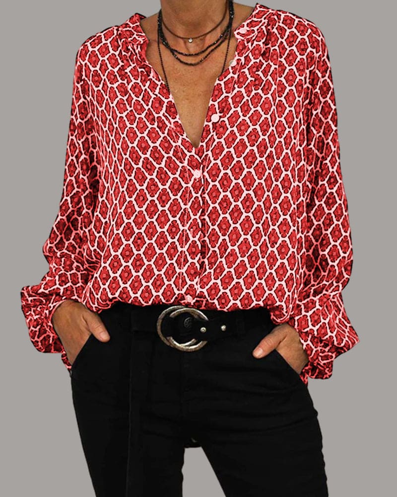 Women's Work Geometric V Neck Long Sleeve Blouse