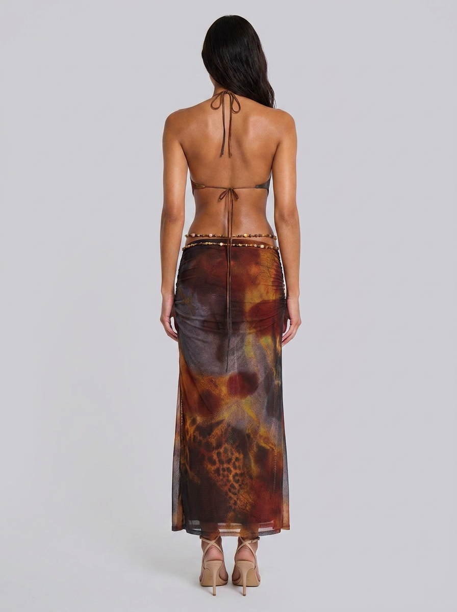 Leylah Halter Maxi Dress - Brown Flame