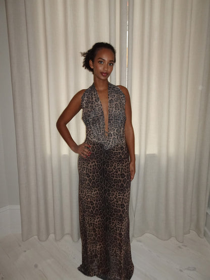 Women's Cocktail Leopard Halter Maxi Dress With Open Back
