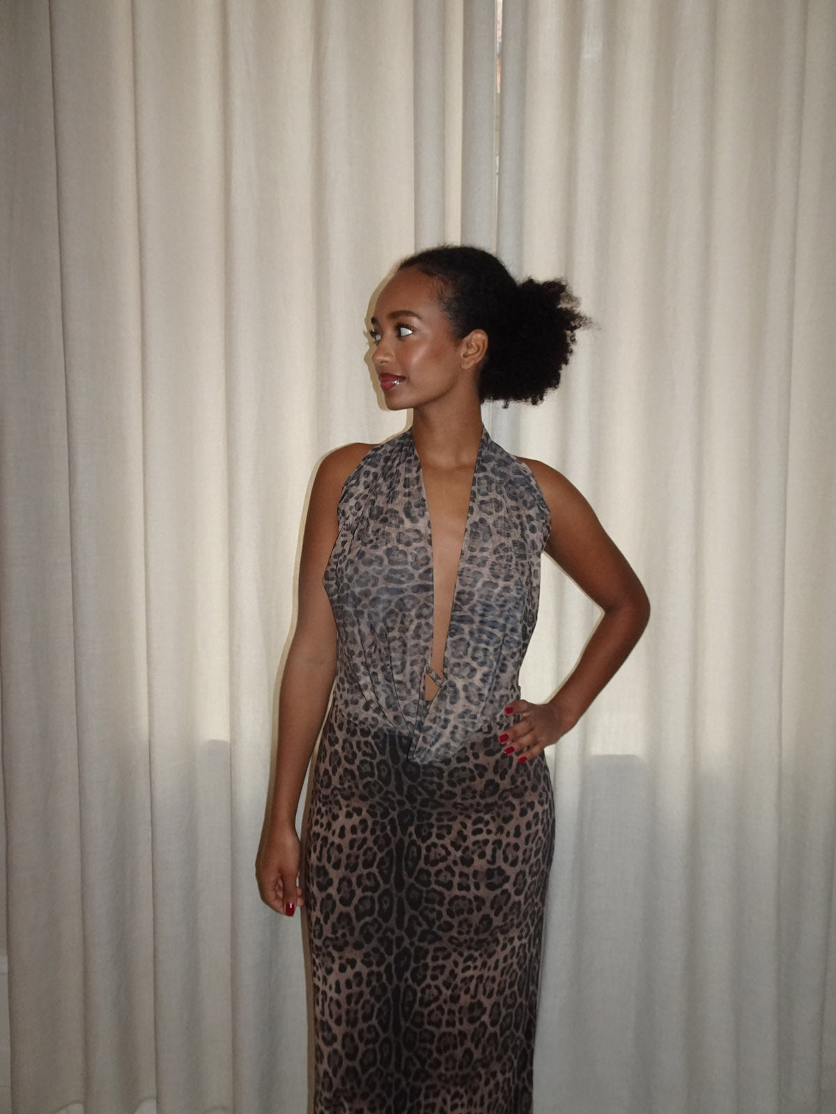 Women's Cocktail Leopard Halter Maxi Dress With Open Back