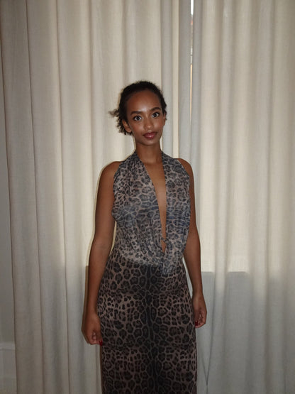 Women's Cocktail Leopard Halter Maxi Dress With Open Back