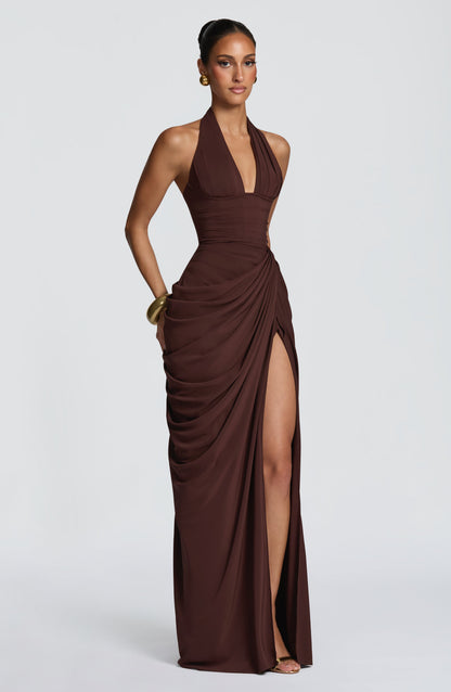 Minette Halter Maxi Dress - Chocolate Brown