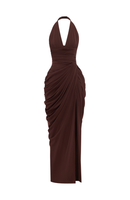 Minette Halter Maxi Dress - Chocolate Brown
