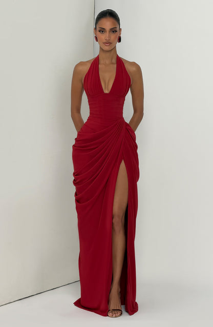 Minette Halter Maxi Dress - Deep Red