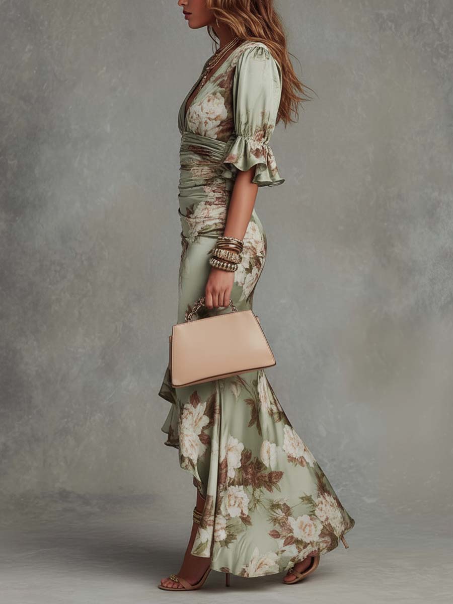 Monique Satin Maxi Dress - Sage Floral