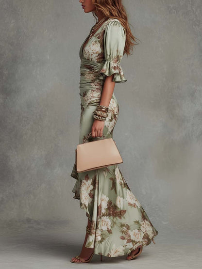 Monique Satin Maxi Dress - Sage Floral