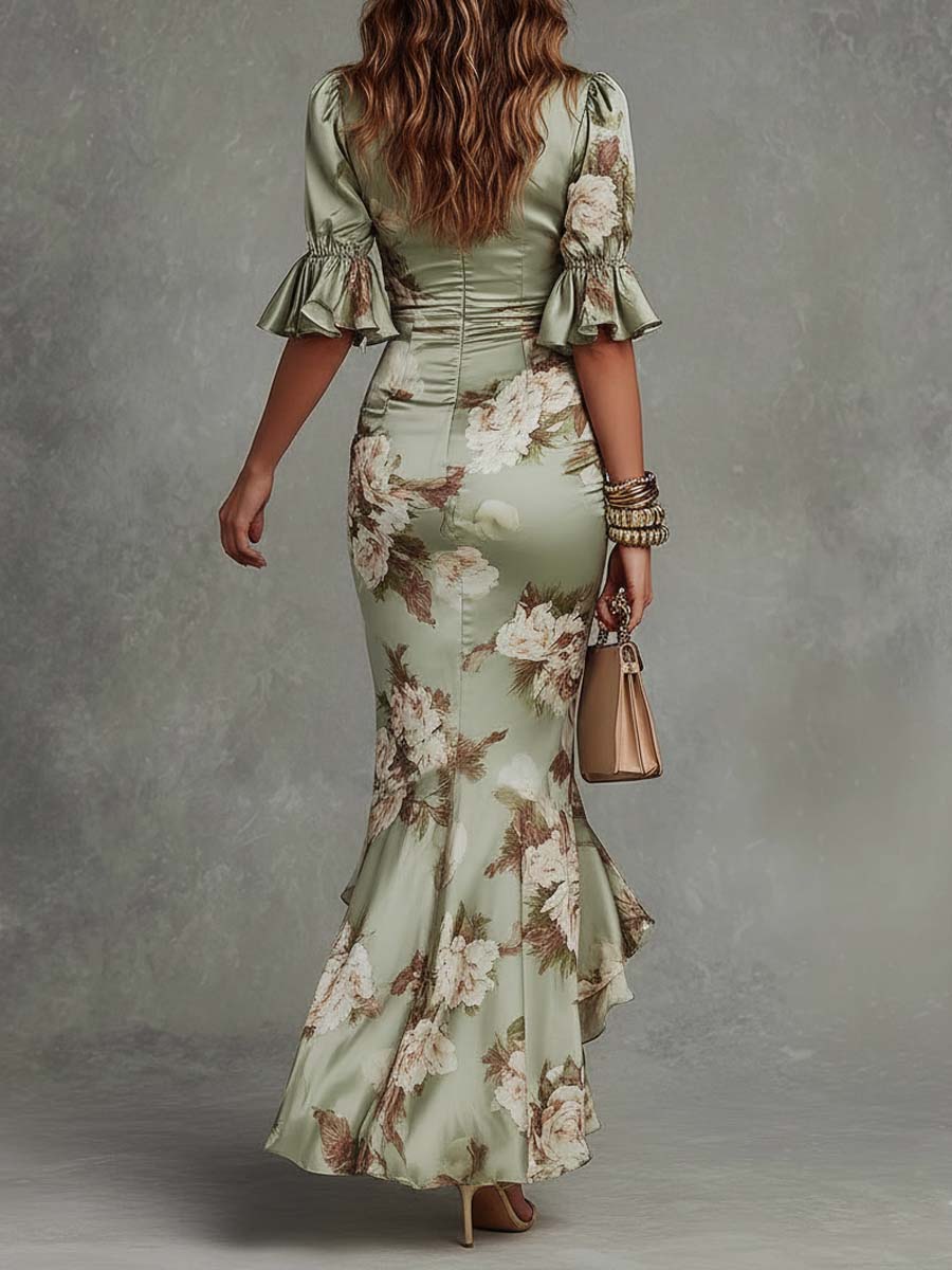 Monique Satin Maxi Dress - Sage Floral