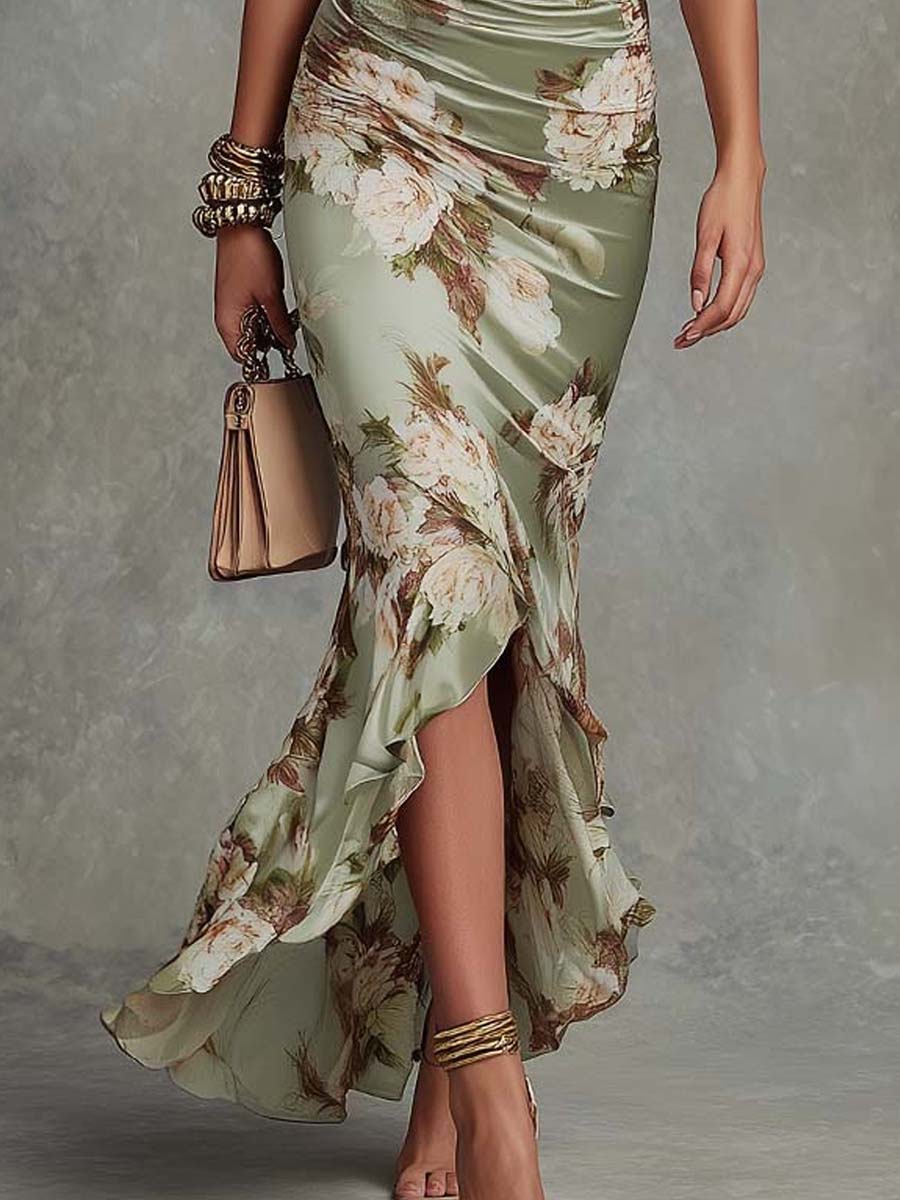 Monique Satin Maxi Dress - Sage Floral