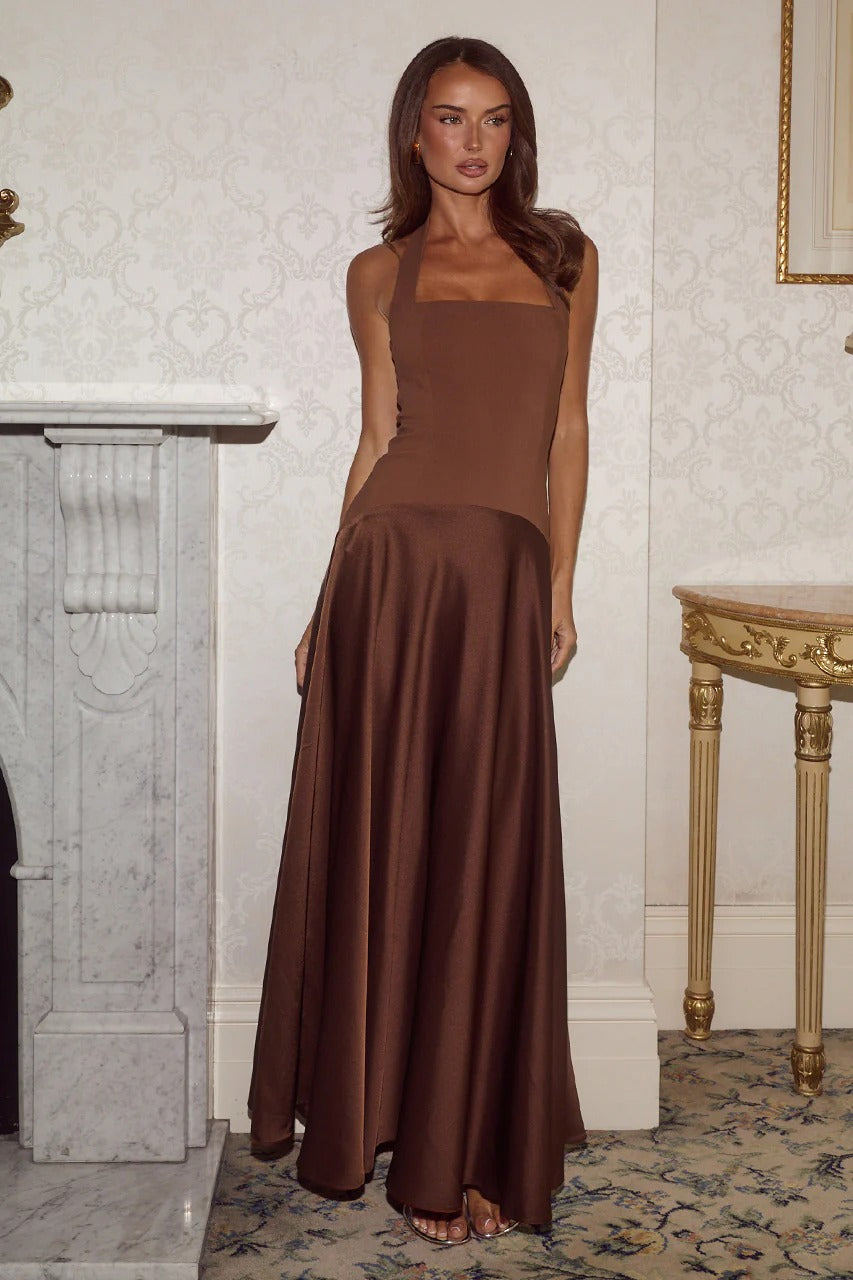 Odina Halter Maxi Dress - Chocolate Brown