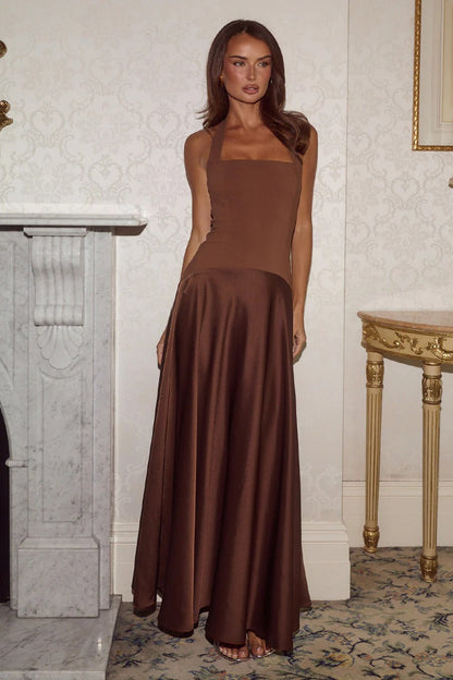 Odina Halter Maxi Dress - Chocolate Brown