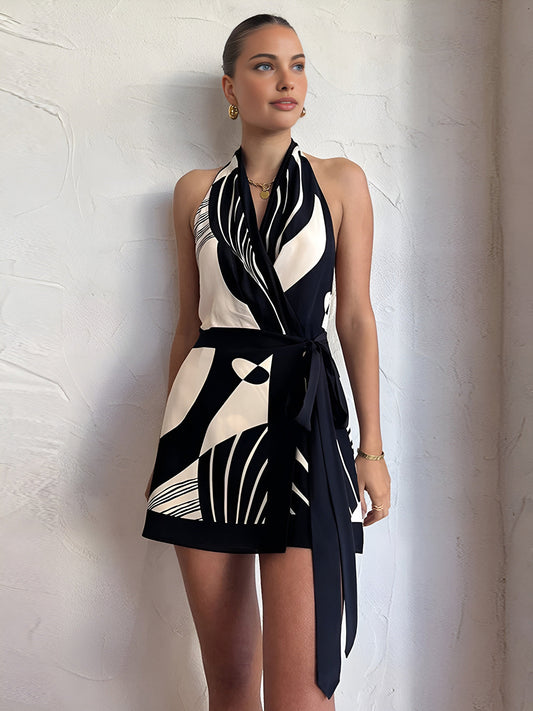 Black and ivory geometric halter mini wrap dress with abstract print for women