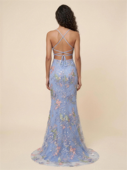 Ophelie Mermaid Maxi Dress - Baby Blue Floral