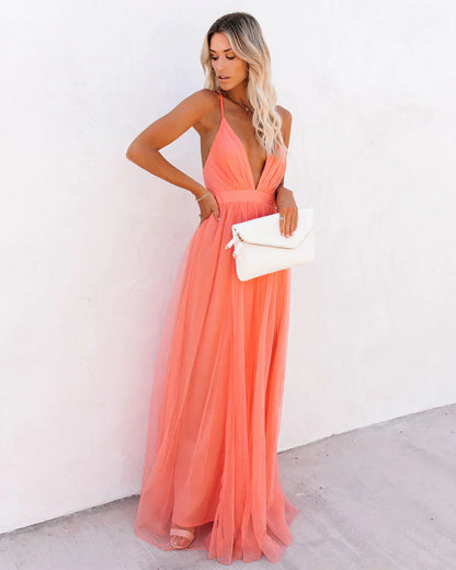 Women's Wedding Guest V Neck Strappy Maxi Dress