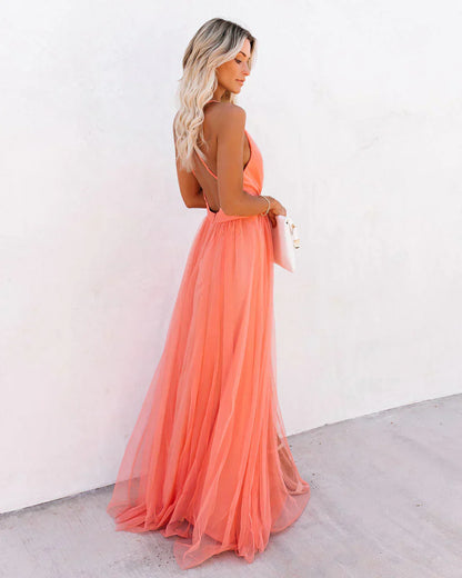 Women's Wedding Guest V Neck Strappy Maxi Dress