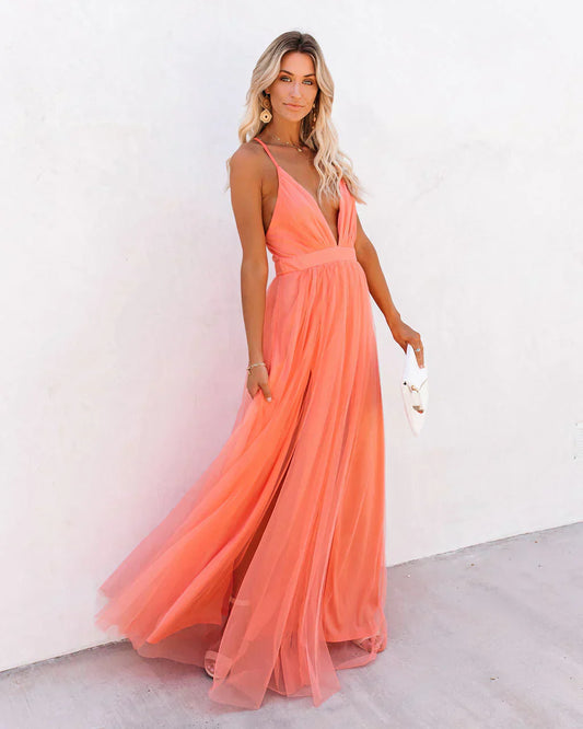 Women's Wedding Guest V Neck Strappy Maxi Dress