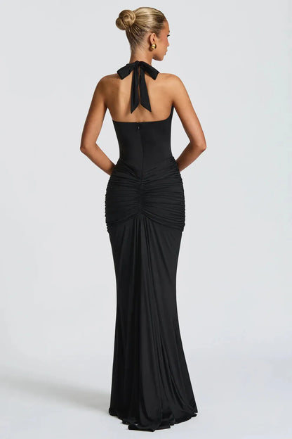 Women's Cocktail Halter Plunge Ruched Maxi Dress
