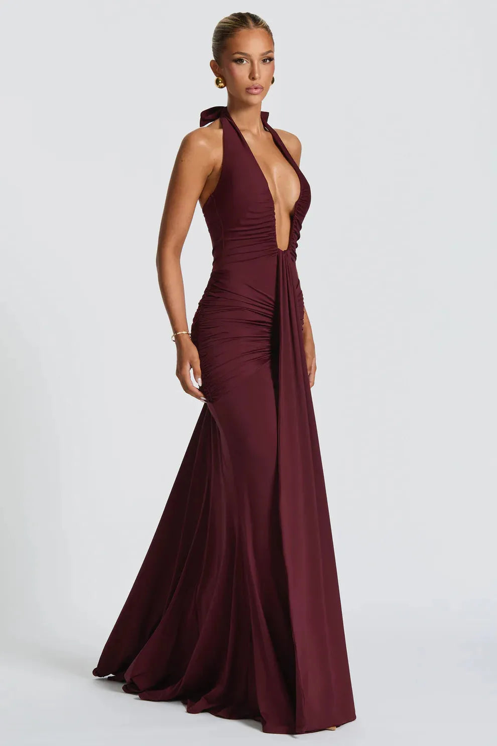 Women's Cocktail Halter Plunge Ruched Maxi Dress