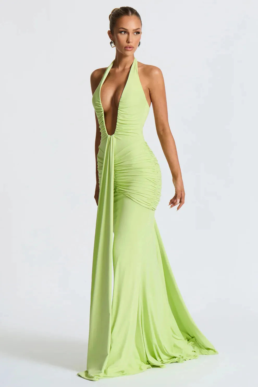 Women's Cocktail Halter Plunge Ruched Maxi Dress