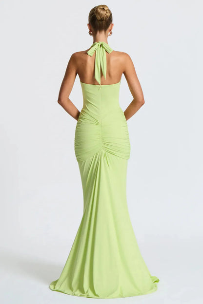 Women's Cocktail Halter Plunge Ruched Maxi Dress