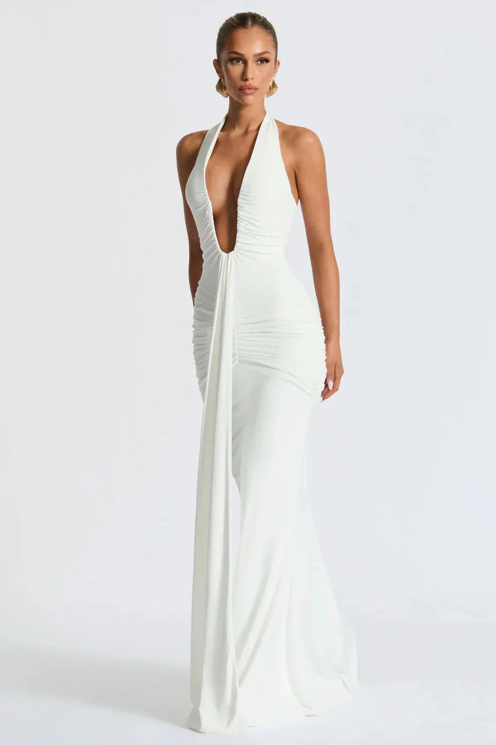Women's Cocktail Halter Plunge Ruched Maxi Dress