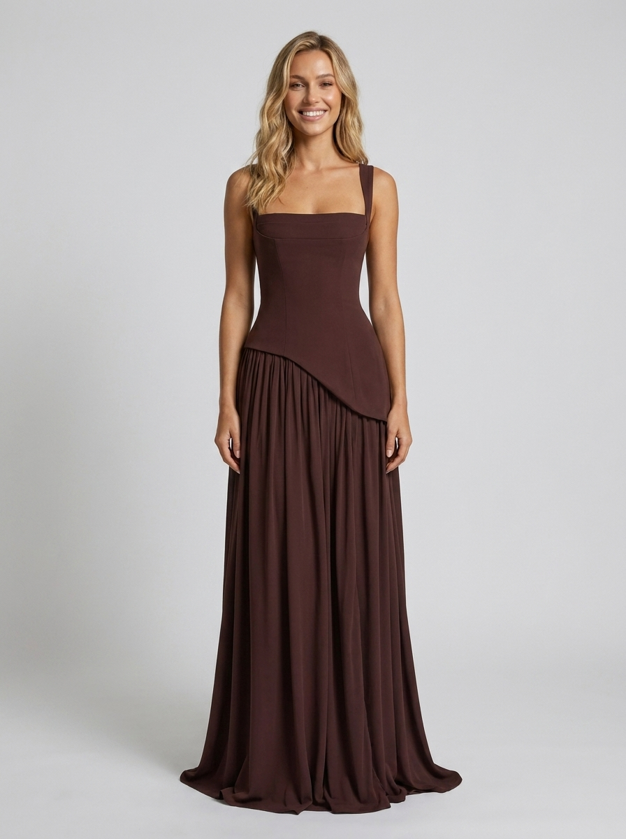 Solara Square Neck Maxi Dress - Chocolate Brown