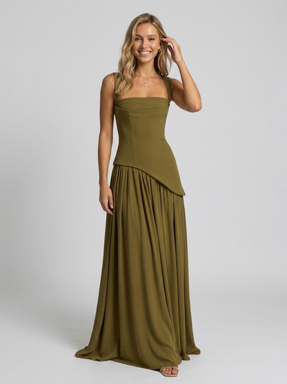 Solara Square Neck Maxi Dress - Olive Green