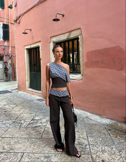 Women's Wide Leg Suit Pants with Polka Dot Waistband