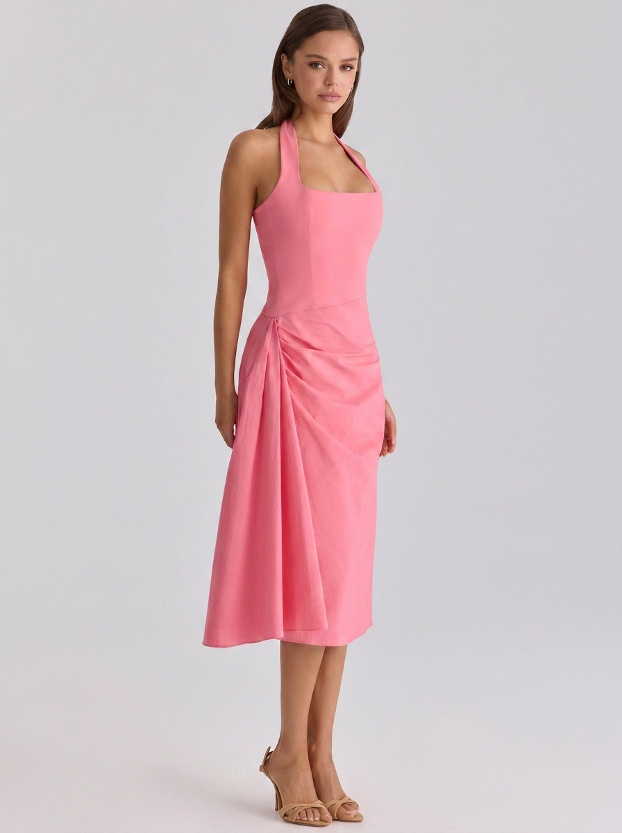 Ximena Ruched Halter Midi Dress - Pink