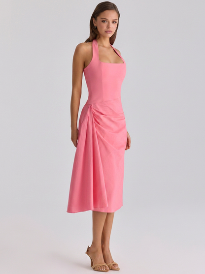 Ximena Ruched Halter Midi Dress - Pink