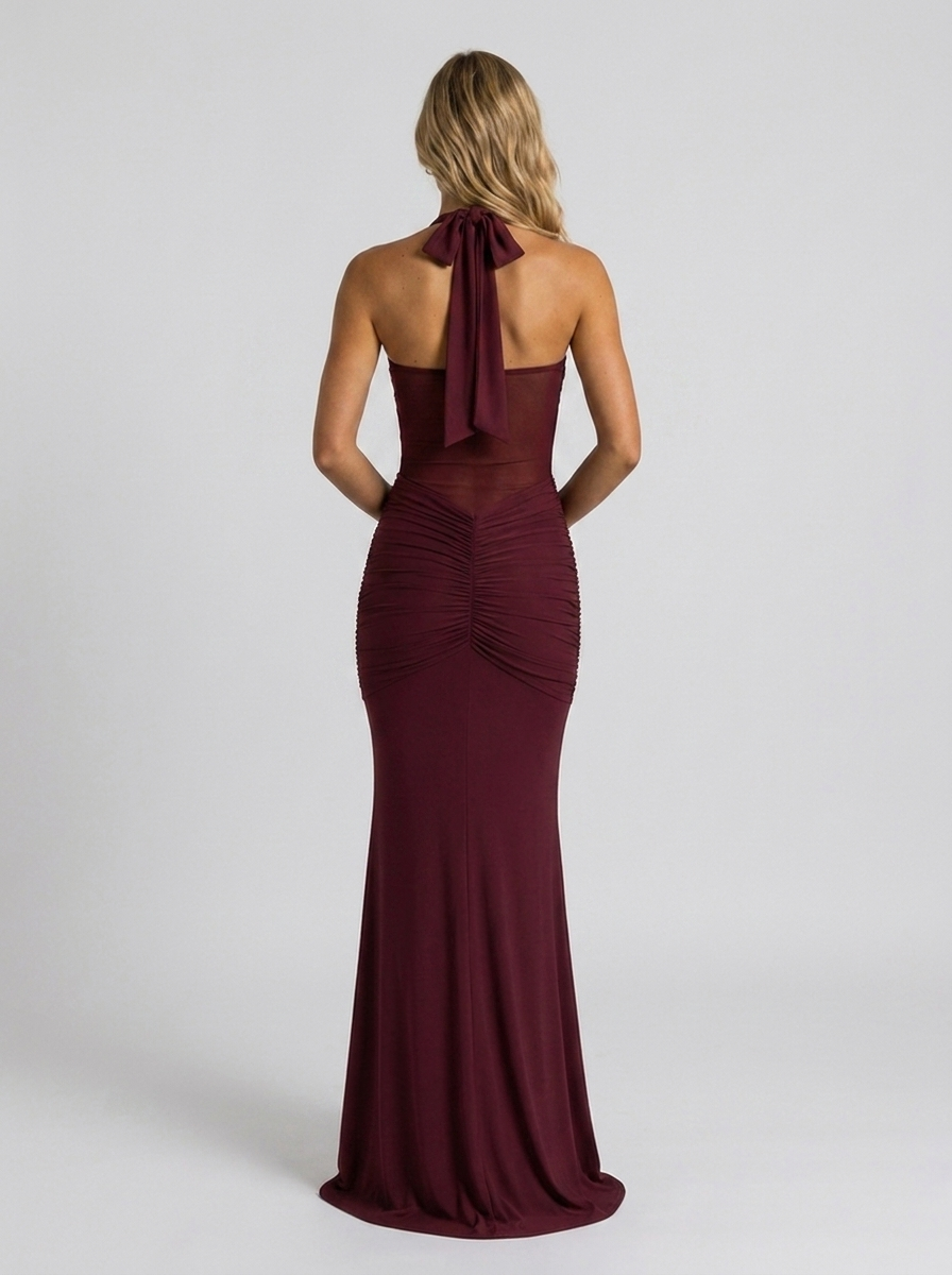 Yasmin Ruched Halter Maxi Dress - Wine Red