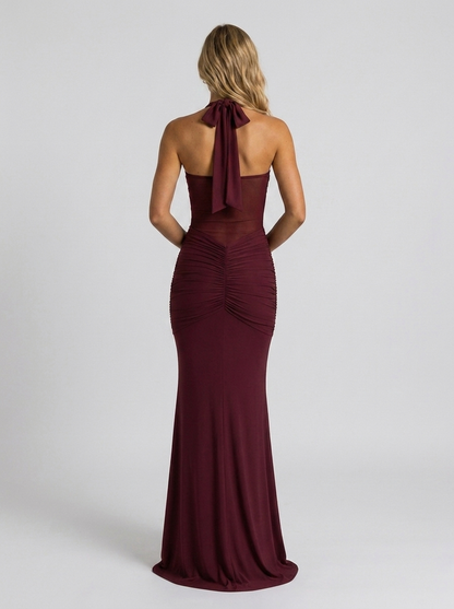 Yasmin Ruched Halter Maxi Dress - Wine Red