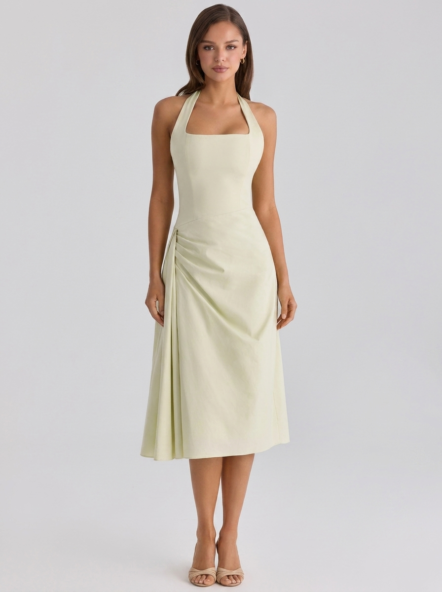 Ximena Ruched Halter Midi Dress - Lime Green