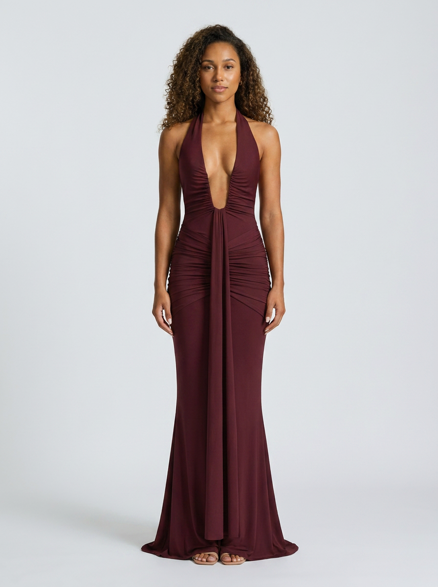 Fiona Ruched Plunge Maxi Dress - Burgundy