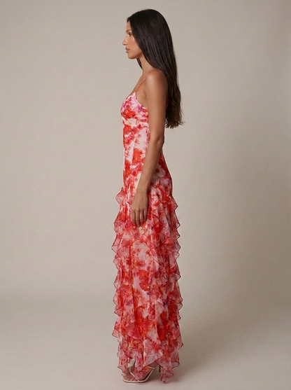Odette Floral Ruffle Maxi Dress - Coral