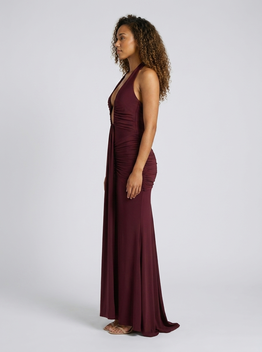 Fiona Ruched Plunge Maxi Dress - Burgundy