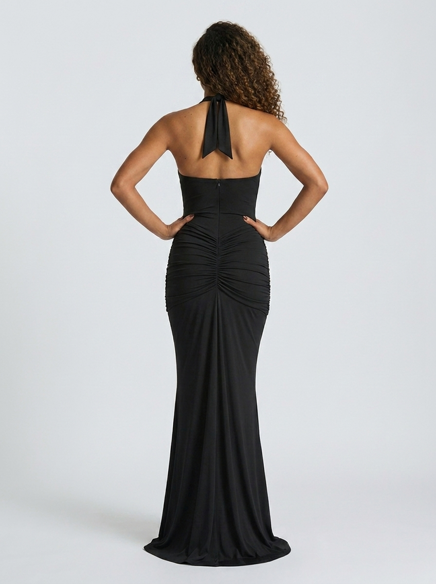 Fiona Ruched Plunge Maxi Dress - Black
