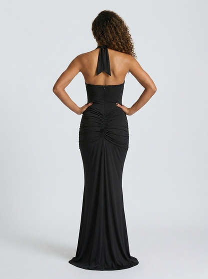 Fiona Ruched Plunge Maxi Dress - Black