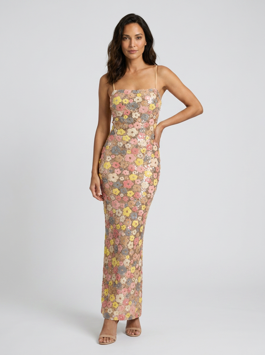 Ines Floral Embellished Maxi Dress - Pink and Yellow Floral