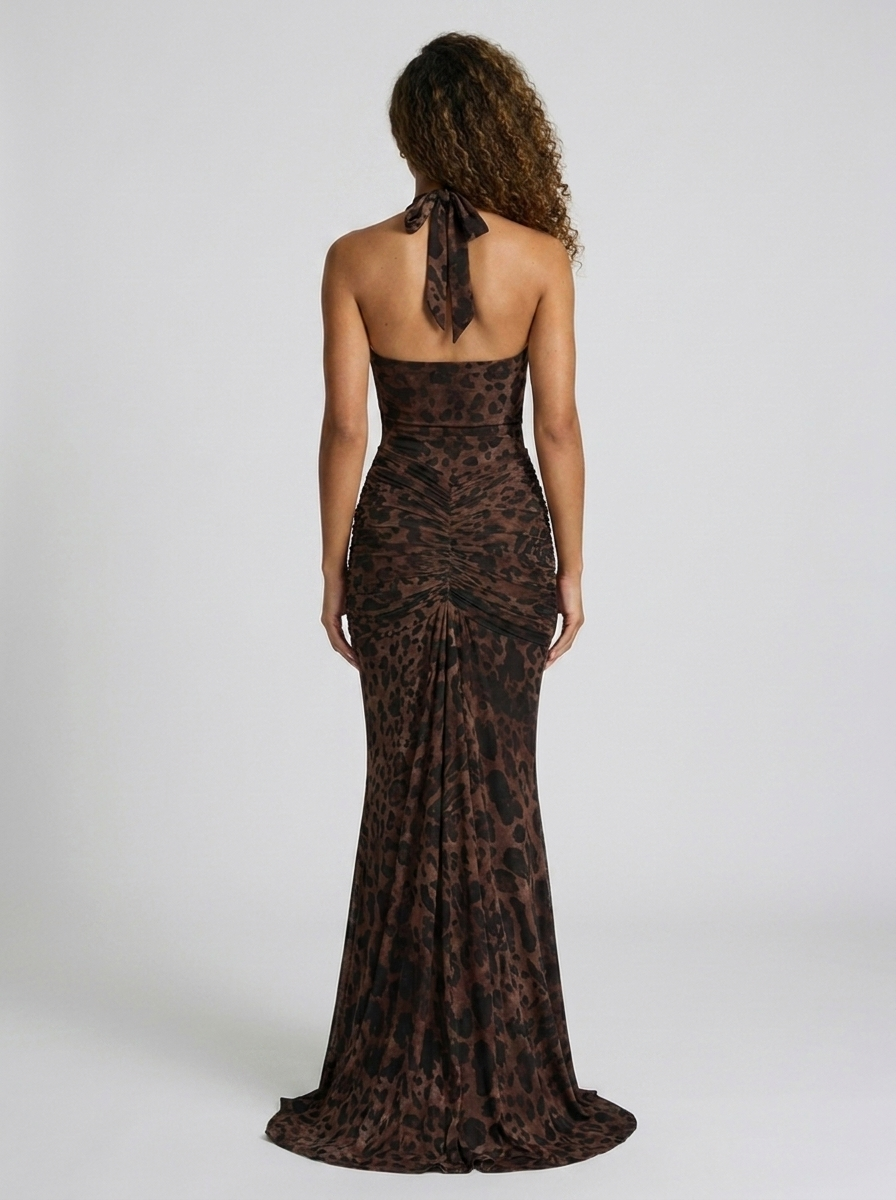 Fiona Ruched Plunge Maxi Dress - Leopard