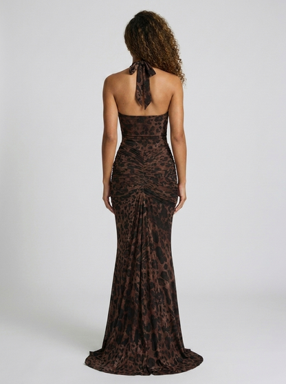 Fiona Ruched Plunge Maxi Dress - Leopard