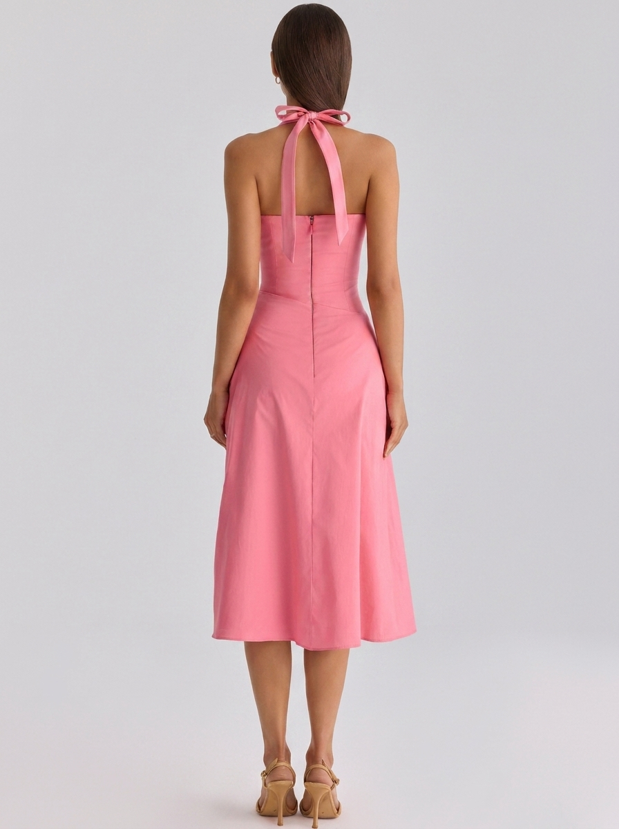 Ximena Ruched Halter Midi Dress - Pink