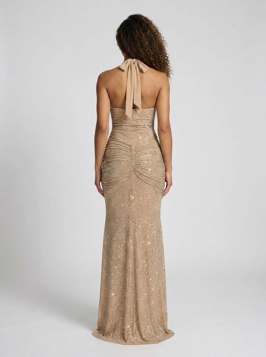 Fiona Ruched Plunge Maxi Dress - Beige