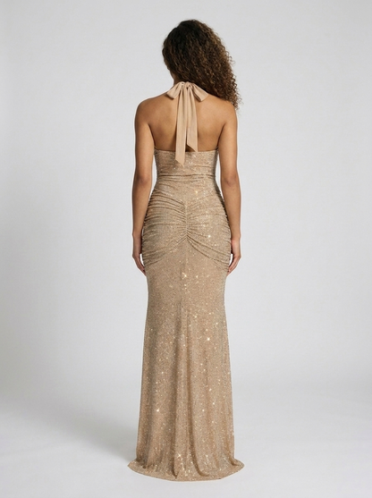 Fiona Ruched Plunge Maxi Dress - Beige