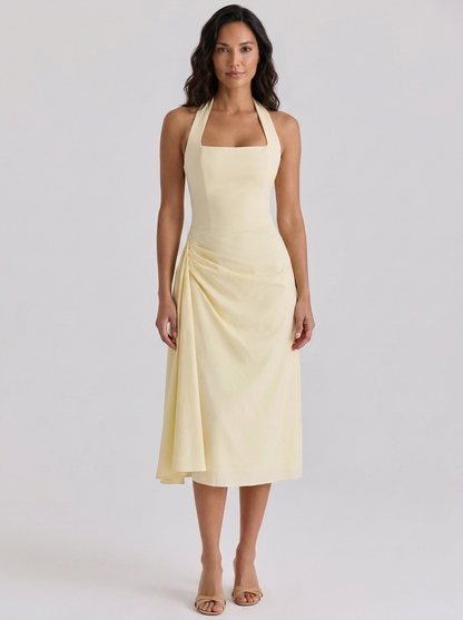 Ximena Ruched Halter Midi Dress - Lemon