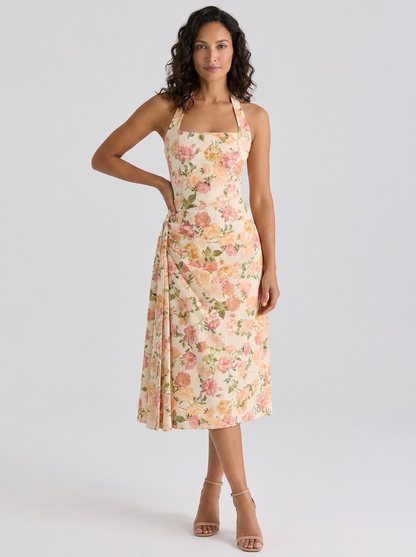 Ximena Ruched Halter Midi Dress - Sunset Floral